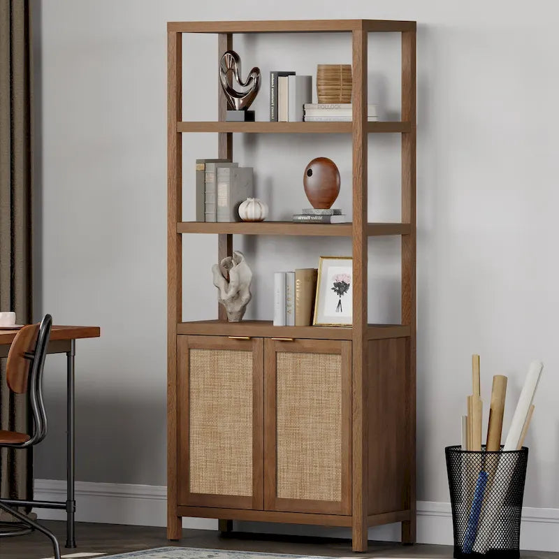Étagère à Livres en Rotin à 5 Niveaux avec Armoire de Rangement - Style Ferme Bohème, Bibliothèque Haute et Étroite de 180 cm, Étagère d'Exposition Autoportante