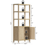 Étagère à Livres en Rotin à 5 Niveaux avec Armoire de Rangement - Style Ferme Bohème, Bibliothèque Haute et Étroite de 180 cm, Étagère d'Exposition Autoportante