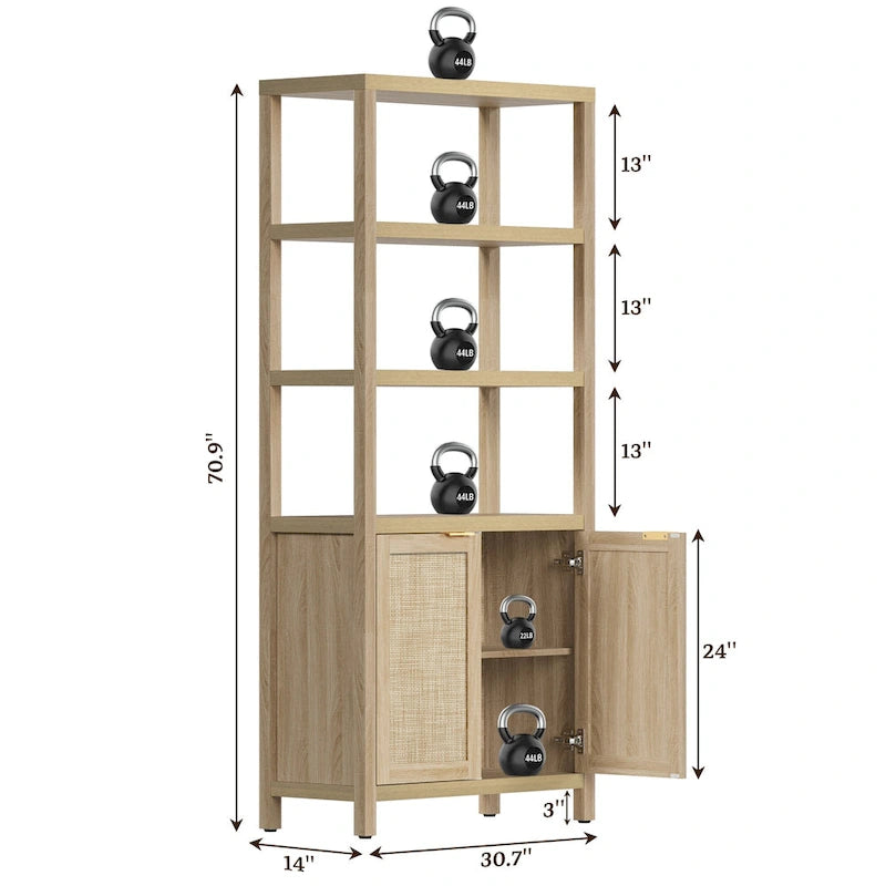 Étagère à Livres en Rotin à 5 Niveaux avec Armoire de Rangement - Style Ferme Bohème, Bibliothèque Haute et Étroite de 180 cm, Étagère d'Exposition Autoportante