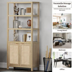 Étagère à Livres en Rotin à 5 Niveaux avec Armoire de Rangement - Style Ferme Bohème, Bibliothèque Haute et Étroite de 180 cm, Étagère d'Exposition Autoportante