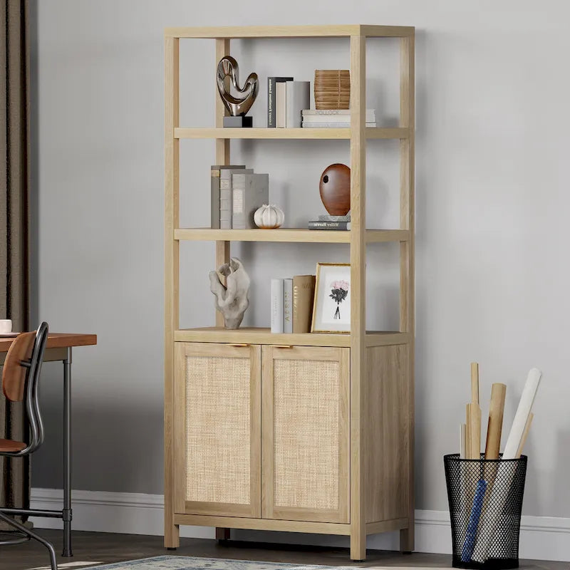 Étagère à Livres en Rotin à 5 Niveaux avec Armoire de Rangement - Style Ferme Bohème, Bibliothèque Haute et Étroite de 180 cm, Étagère d'Exposition Autoportante