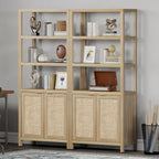 Étagère à Livres en Rotin à 5 Niveaux avec Armoire de Rangement - Style Ferme Bohème, Bibliothèque Haute et Étroite de 180 cm, Étagère d'Exposition Autoportante