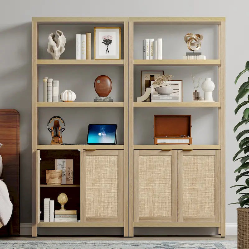 Étagère à Livres en Rotin à 5 Niveaux avec Armoire de Rangement - Style Ferme Bohème, Bibliothèque Haute et Étroite de 180 cm, Étagère d'Exposition Autoportante