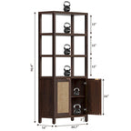 Étagère à Livres en Rotin à 5 Niveaux avec Armoire de Rangement - Style Ferme Bohème, Bibliothèque Haute et Étroite de 180 cm, Étagère d'Exposition Autoportante