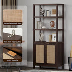 Étagère à Livres en Rotin à 5 Niveaux avec Armoire de Rangement - Style Ferme Bohème, Bibliothèque Haute et Étroite de 180 cm, Étagère d'Exposition Autoportante