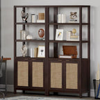 Étagère à Livres en Rotin à 5 Niveaux avec Armoire de Rangement - Style Ferme Bohème, Bibliothèque Haute et Étroite de 180 cm, Étagère d'Exposition Autoportante