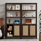 Étagère à Livres en Rotin à 5 Niveaux avec Armoire de Rangement - Style Ferme Bohème, Bibliothèque Haute et Étroite de 180 cm, Étagère d'Exposition Autoportante