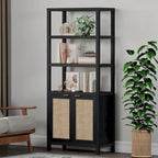 Étagère à Livres en Rotin à 5 Niveaux avec Armoire de Rangement - Style Ferme Bohème, Bibliothèque Haute et Étroite de 180 cm, Étagère d'Exposition Autoportante
