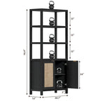 Étagère à Livres en Rotin à 5 Niveaux avec Armoire de Rangement - Style Ferme Bohème, Bibliothèque Haute et Étroite de 180 cm, Étagère d'Exposition Autoportante