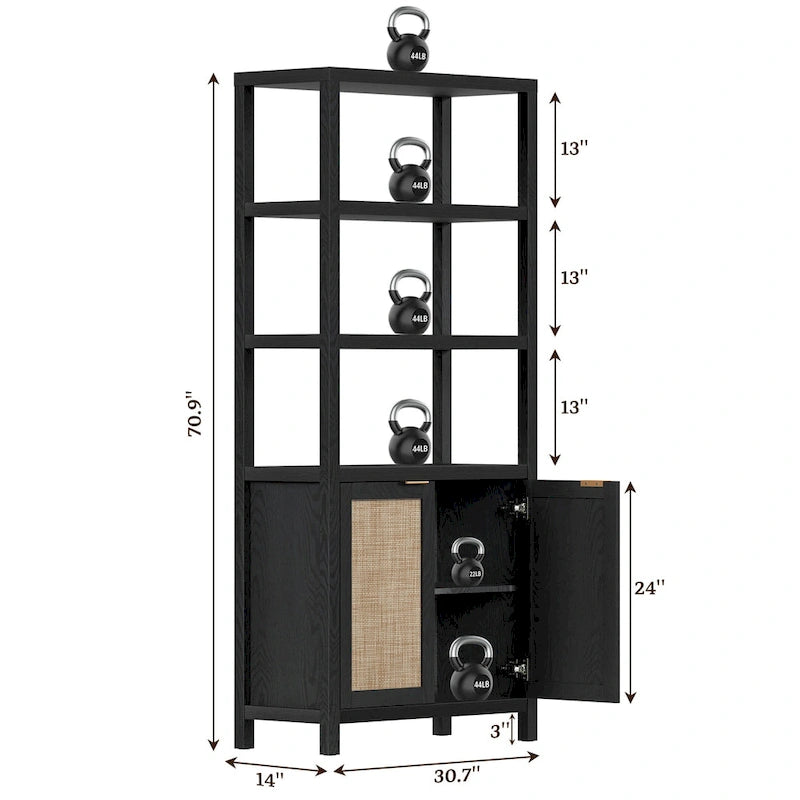 Étagère à Livres en Rotin à 5 Niveaux avec Armoire de Rangement - Style Ferme Bohème, Bibliothèque Haute et Étroite de 180 cm, Étagère d'Exposition Autoportante
