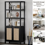 Étagère à Livres en Rotin à 5 Niveaux avec Armoire de Rangement - Style Ferme Bohème, Bibliothèque Haute et Étroite de 180 cm, Étagère d'Exposition Autoportante