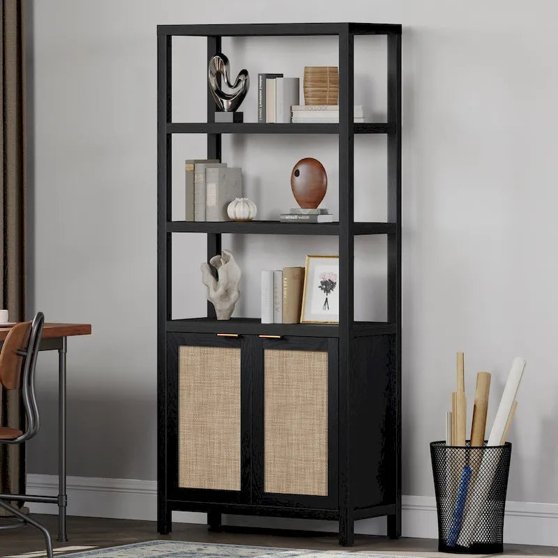 Étagère à Livres en Rotin à 5 Niveaux avec Armoire de Rangement - Style Ferme Bohème, Bibliothèque Haute et Étroite de 180 cm, Étagère d'Exposition Autoportante
