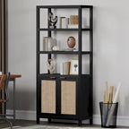 Étagère à Livres en Rotin à 5 Niveaux avec Armoire de Rangement - Style Ferme Bohème, Bibliothèque Haute et Étroite de 180 cm, Étagère d'Exposition Autoportante
