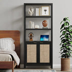 Étagère à Livres en Rotin à 5 Niveaux avec Armoire de Rangement - Style Ferme Bohème, Bibliothèque Haute et Étroite de 180 cm, Étagère d'Exposition Autoportante