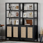 Étagère à Livres en Rotin à 5 Niveaux avec Armoire de Rangement - Style Ferme Bohème, Bibliothèque Haute et Étroite de 180 cm, Étagère d'Exposition Autoportante