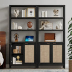 Étagère à Livres en Rotin à 5 Niveaux avec Armoire de Rangement - Style Ferme Bohème, Bibliothèque Haute et Étroite de 180 cm, Étagère d'Exposition Autoportante