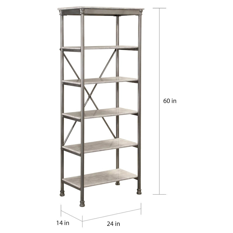 6-Tier Metal Storage Shelf with Marble-Look Shelves - 60"H x 24"W x 14"D Silver Bathroom Organizer Tower