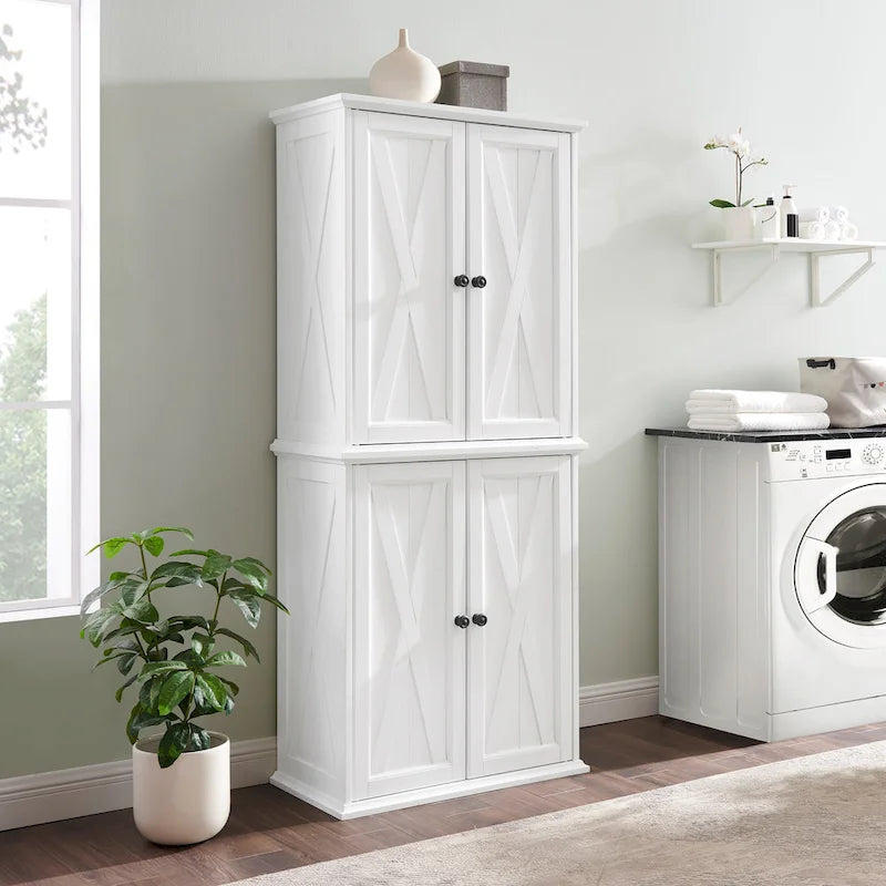 Tall Pantry Cabinet Set 2-Pack White Distressed Farmhouse Storage 30W x 15.75D x 72H Adjustable Shelves