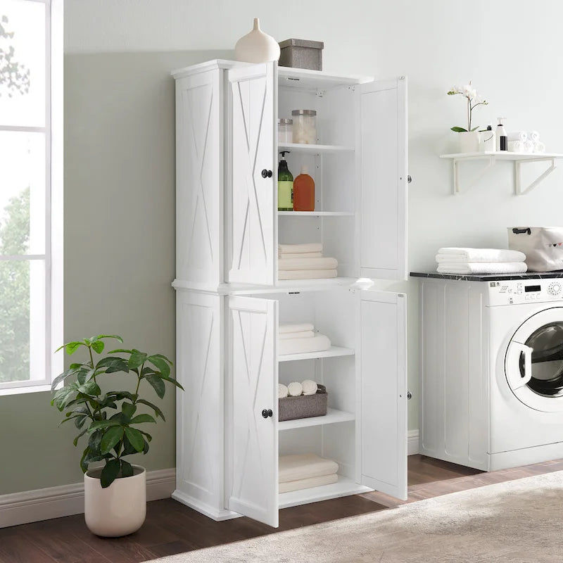 Tall Pantry Cabinet Set 2-Pack White Distressed Farmhouse Storage 30W x 15.75D x 72H Adjustable Shelves