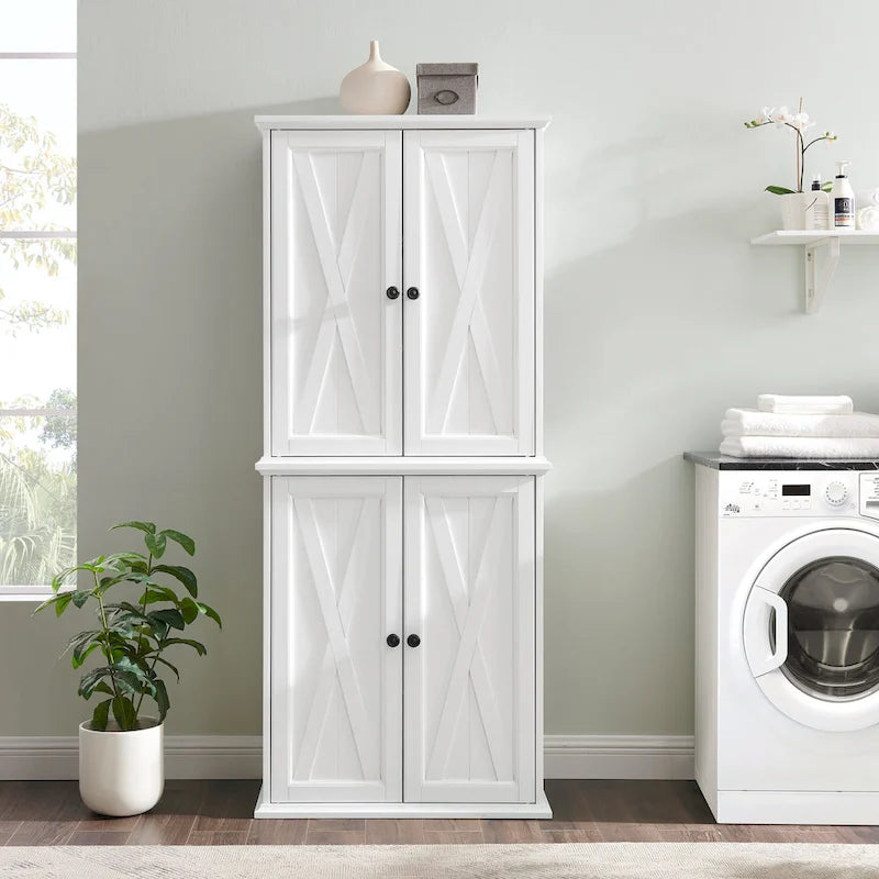 Tall Pantry Cabinet Set 2-Pack White Distressed Farmhouse Storage 30W x 15.75D x 72H Adjustable Shelves