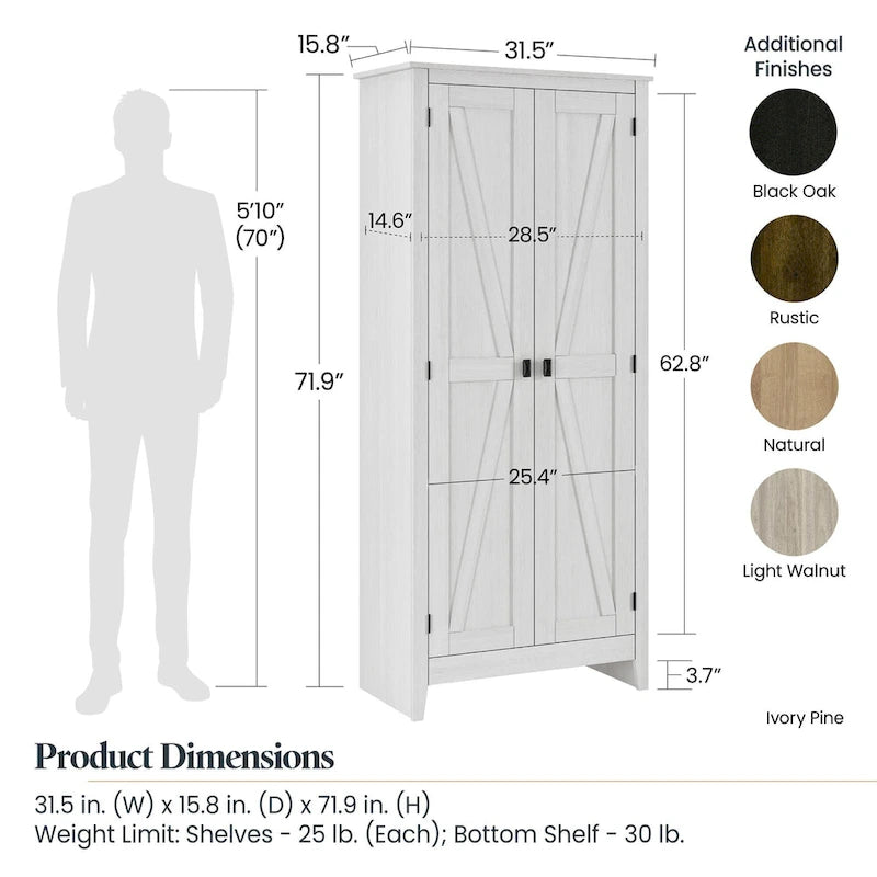 31.5" Wide Storage Cabinet with 4 Shelves - Rustic Barn Style Organizer for Home Office, Linens & Clothing - Medium Brown