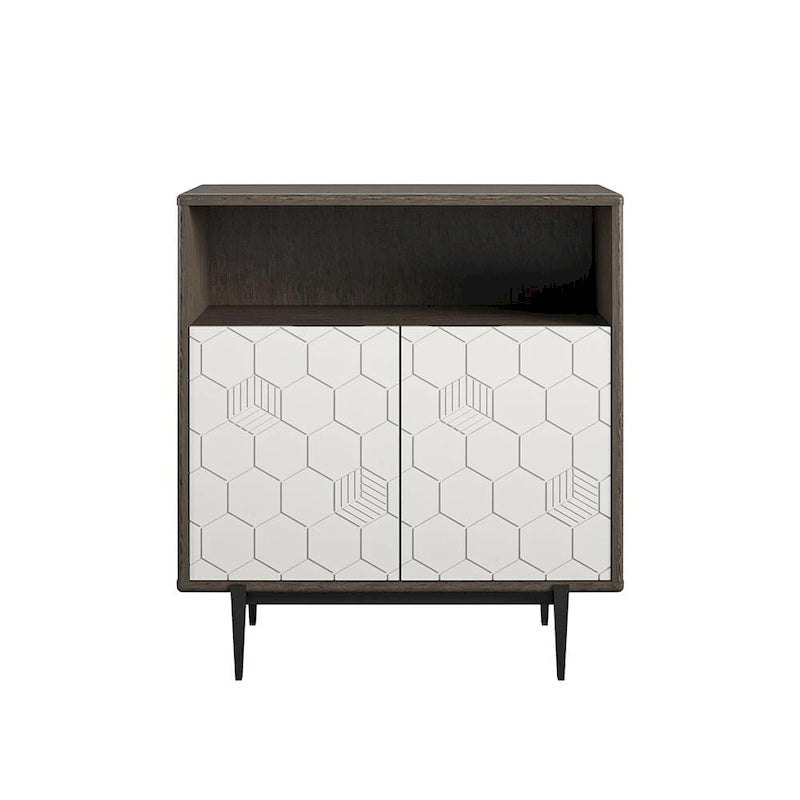 Grey Storage Cabinet with Geometric Doors - 2 Door Wood Veneer Organizer with Open Shelf - 27.68"W x 30.28"H Modern Home Office Furniture
