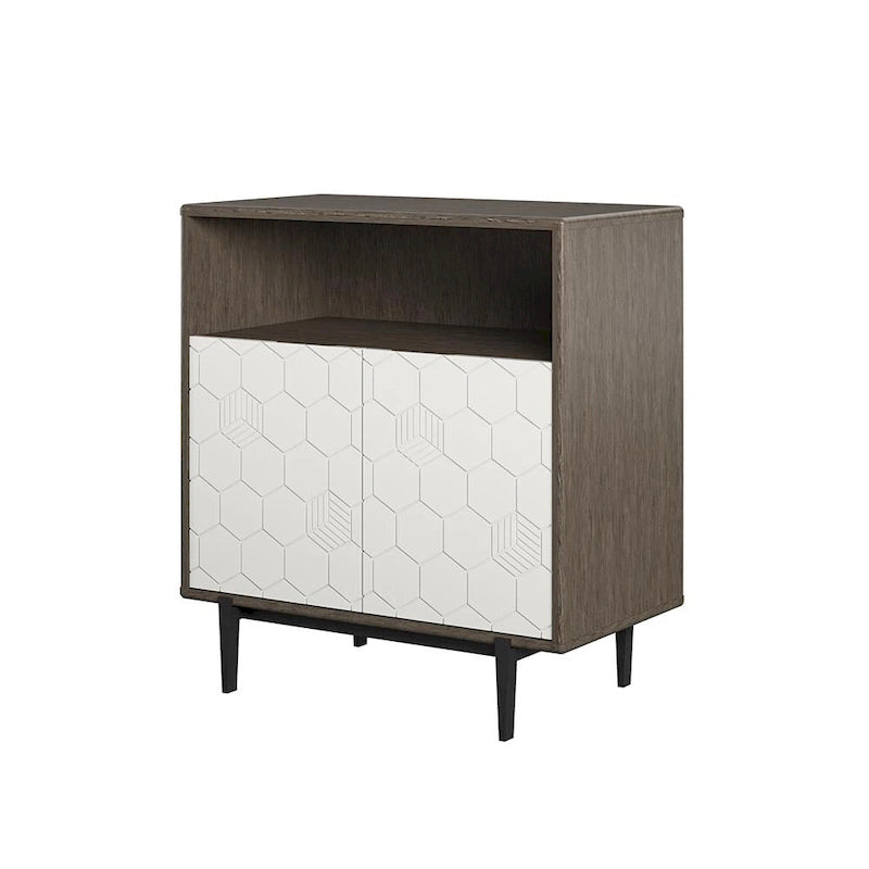 Grey Storage Cabinet with Geometric Doors - 2 Door Wood Veneer Organizer with Open Shelf - 27.68"W x 30.28"H Modern Home Office Furniture