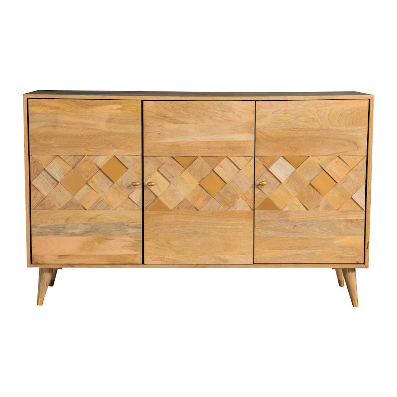 56" Mid-Century Modern Accent Cabinet with 3 Checkered Doors - Natural Mango Wood Sideboard with Gold Hardware - 35"H x 18"D Storage
