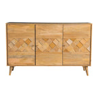 56" Mid-Century Modern Accent Cabinet with 3 Checkered Doors - Natural Mango Wood Sideboard with Gold Hardware - 35"H x 18"D Storage