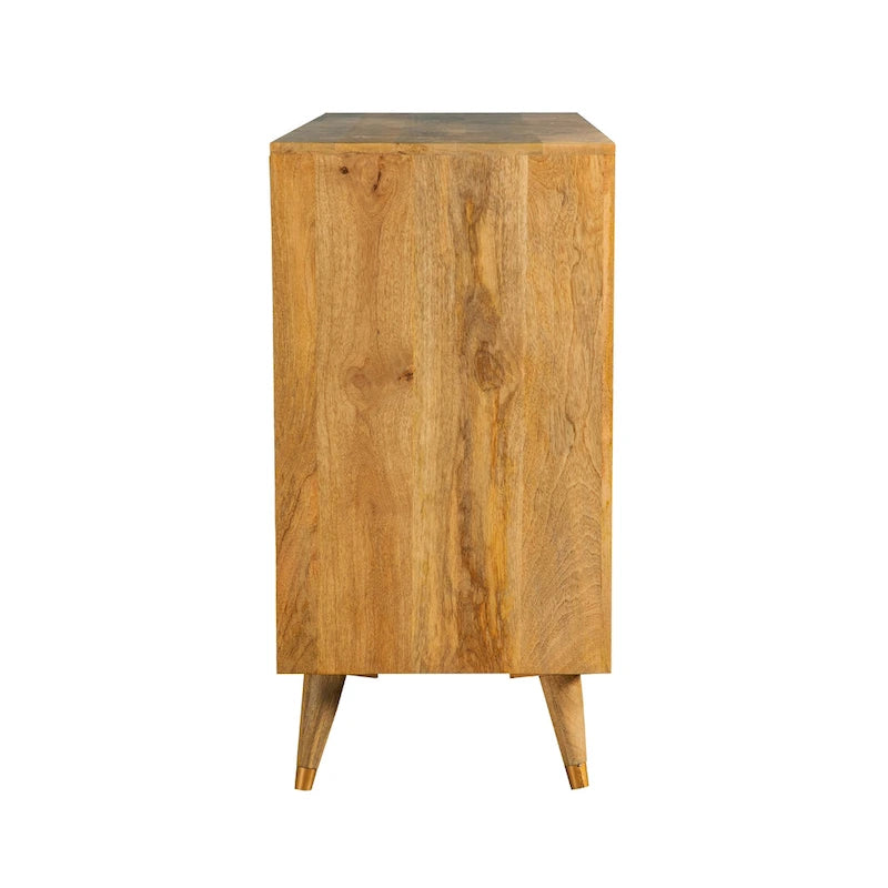 56" Mid-Century Modern Accent Cabinet with 3 Checkered Doors - Natural Mango Wood Sideboard with Gold Hardware - 35"H x 18"D Storage