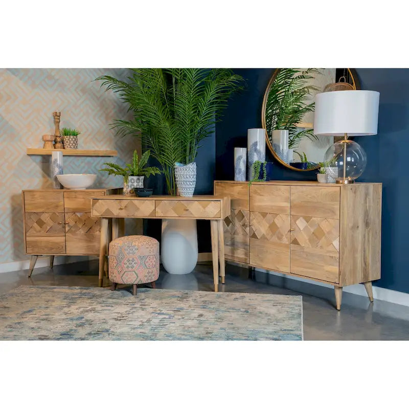 56" Mid-Century Modern Accent Cabinet with 3 Checkered Doors - Natural Mango Wood Sideboard with Gold Hardware - 35"H x 18"D Storage