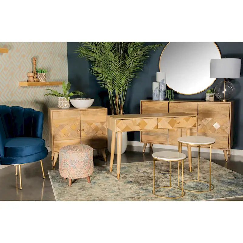 56" Mid-Century Modern Accent Cabinet with 3 Checkered Doors - Natural Mango Wood Sideboard with Gold Hardware - 35"H x 18"D Storage