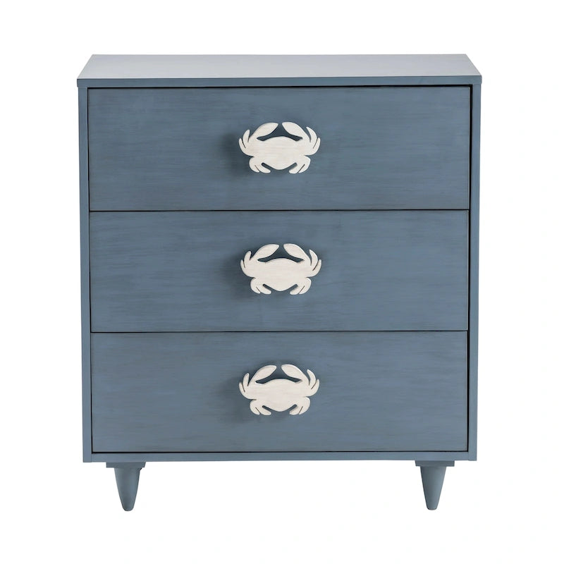 Coastal Blue White Acacia Wood 3-Drawer Chest 28x15x31 Nautical Storage Dresser with Crab Pulls