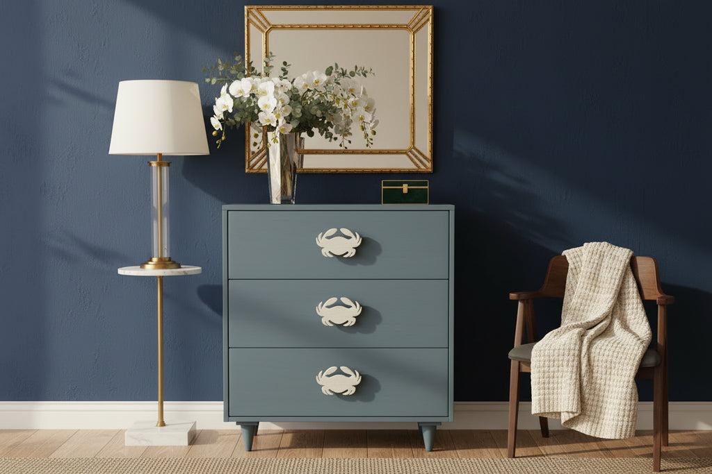 Coastal Blue White Acacia Wood 3-Drawer Chest 28x15x31 Nautical Storage Dresser with Crab Pulls