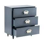 Coastal Blue White Acacia Wood 3-Drawer Chest 28x15x31 Nautical Storage Dresser with Crab Pulls