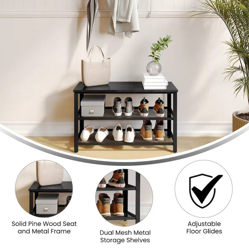 3-Tier Entryway Bench with Mesh Metal Shoe Storage Shelves