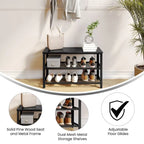 3-Tier Entryway Bench with Mesh Metal Shoe Storage Shelves