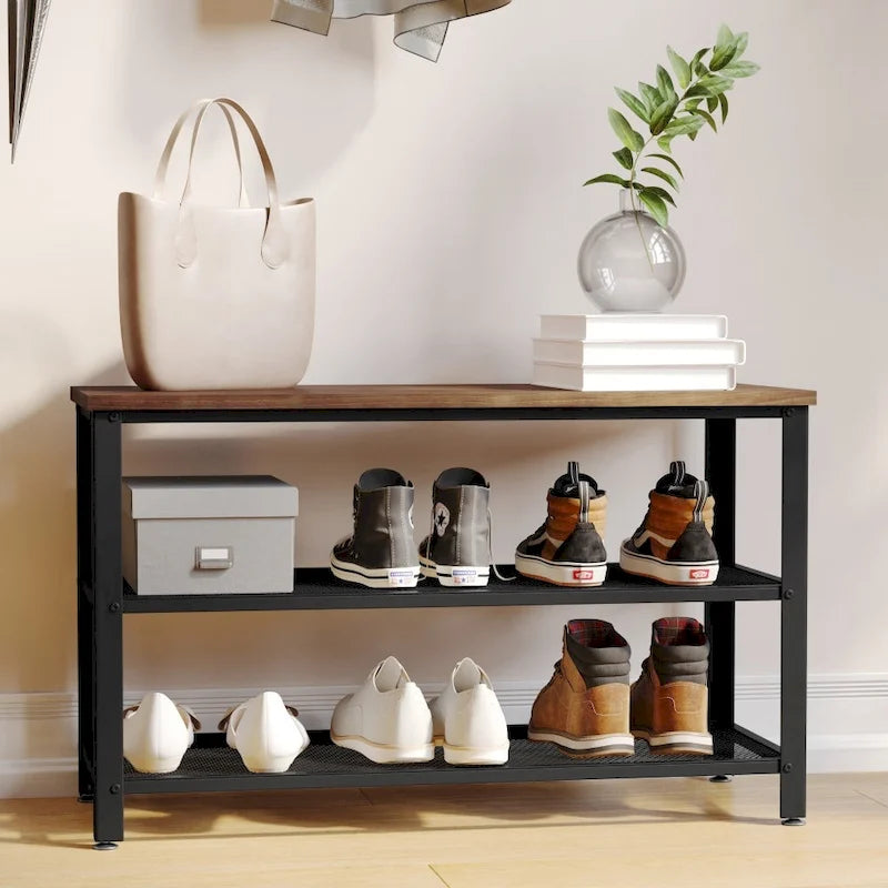 3-Tier Entryway Bench with Mesh Metal Shoe Storage Shelves