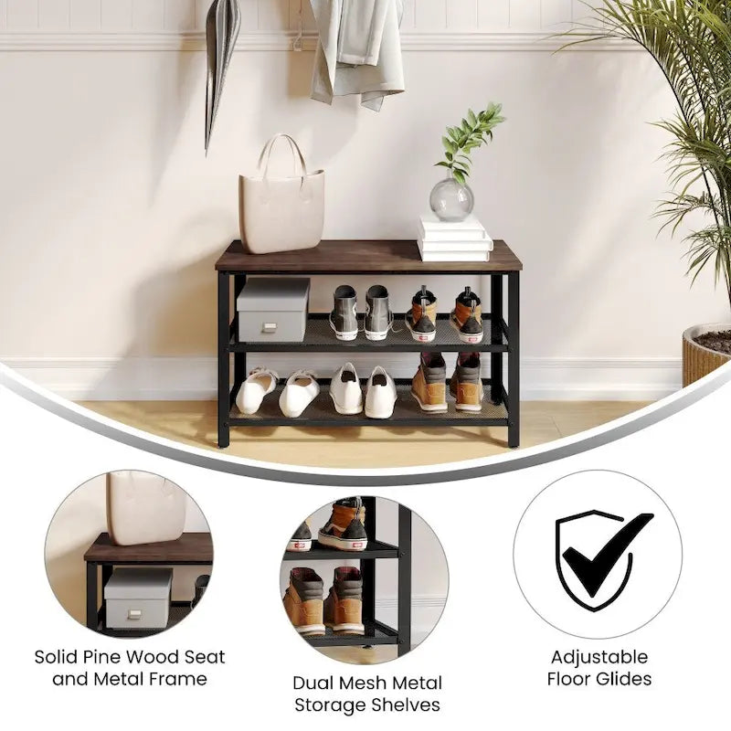3-Tier Entryway Bench with Mesh Metal Shoe Storage Shelves