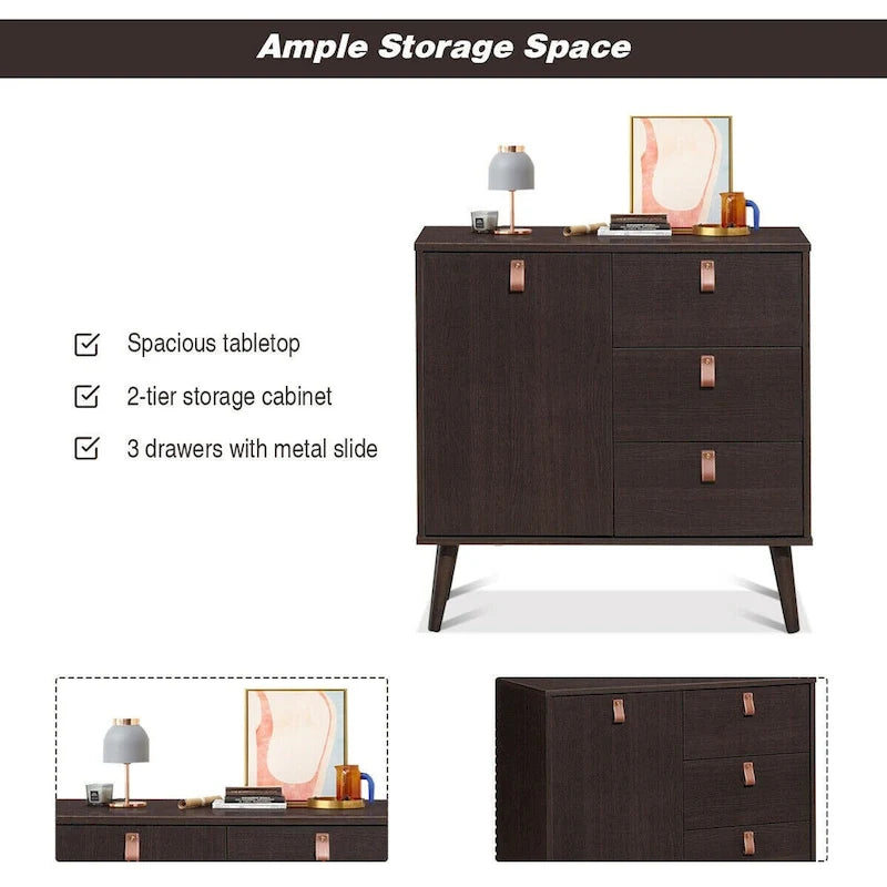 3-Drawer Storage Cabinet Mid-Century Sideboard with Adjustable Shelf Brown Engineered Wood 31.5x15.5x32 inch
