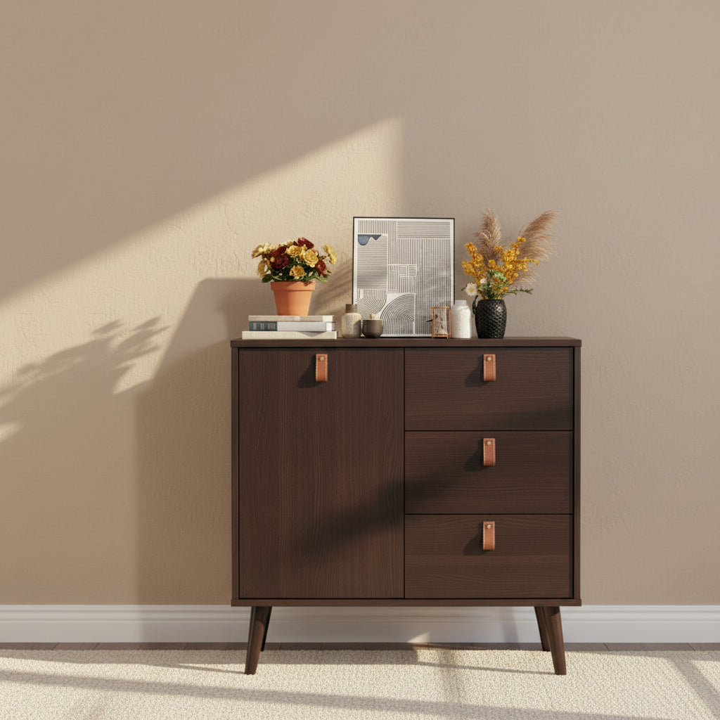 3-Drawer Storage Cabinet Mid-Century Sideboard with Adjustable Shelf Brown Engineered Wood 31.5x15.5x32 inch