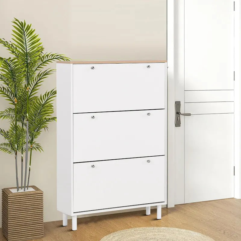 Meuble de rangement pour chaussures minimaliste avec panneau supérieur aspect bois
