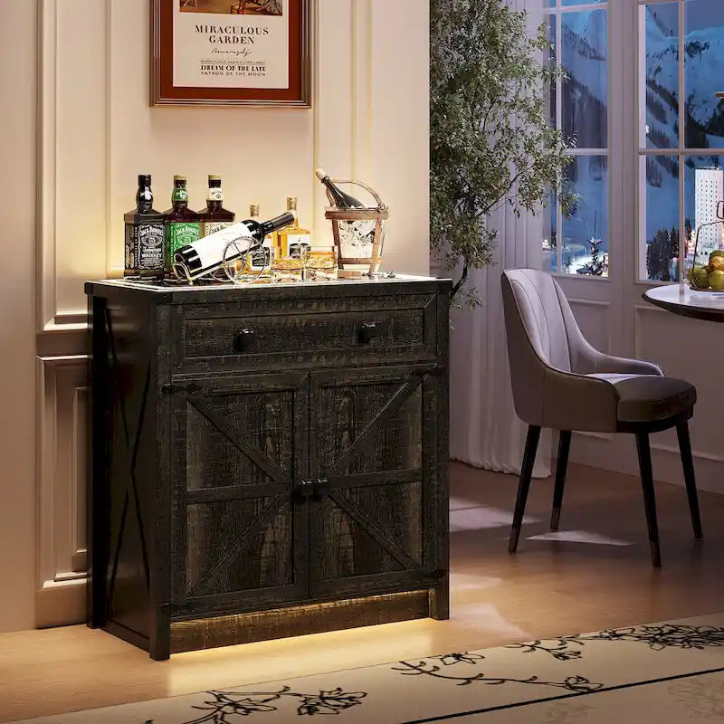 32.83"H Sideboard Storage Cabinet with LED Lights, USB Charging, Wireless Charging Station, Antique White & Rustic Brown