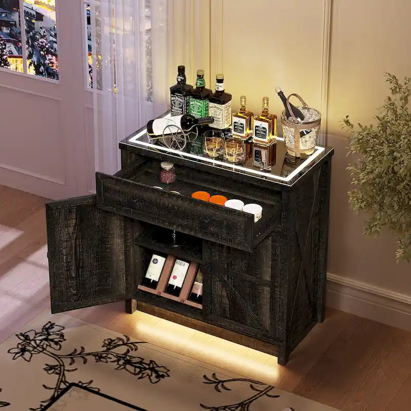 32.83"H Sideboard Storage Cabinet with LED Lights, USB Charging, Wireless Charging Station, Antique White & Rustic Brown