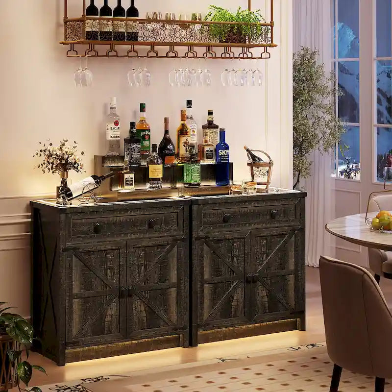 32.83"H Sideboard Storage Cabinet with LED Lights, USB Charging, Wireless Charging Station, Antique White & Rustic Brown