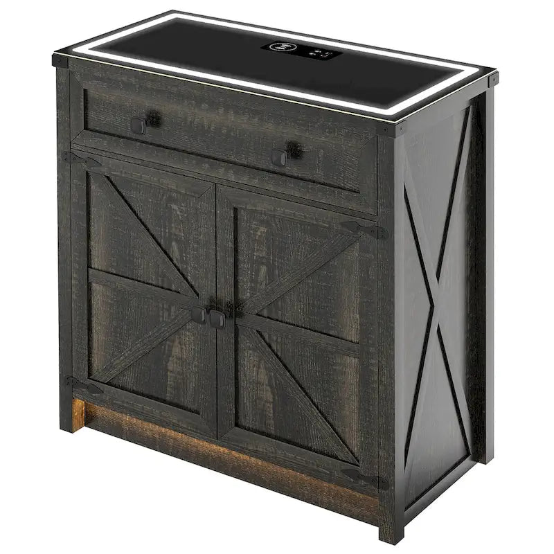32.83"H Sideboard Storage Cabinet with LED Lights, USB Charging, Wireless Charging Station, Antique White & Rustic Brown