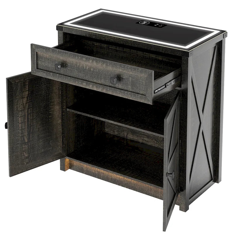 32.83"H Sideboard Storage Cabinet with LED Lights, USB Charging, Wireless Charging Station, Antique White & Rustic Brown