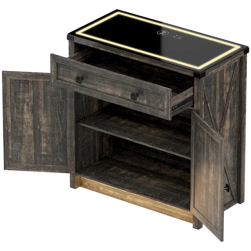 32.83"H Sideboard Storage Cabinet with LED Lights, USB Charging, Wireless Charging Station, Antique White & Rustic Brown