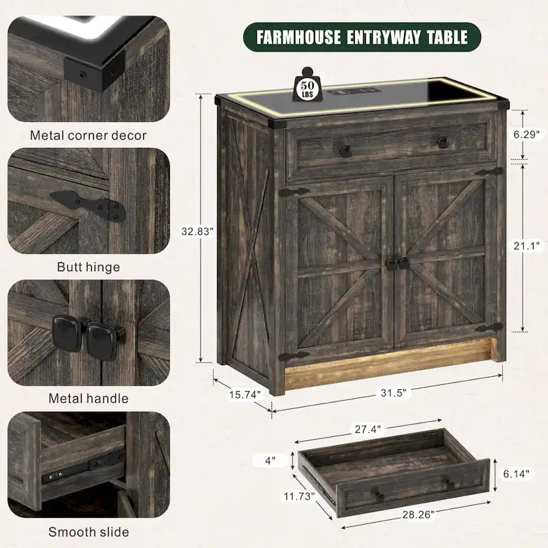 32.83"H Sideboard Storage Cabinet with LED Lights, USB Charging, Wireless Charging Station, Antique White & Rustic Brown