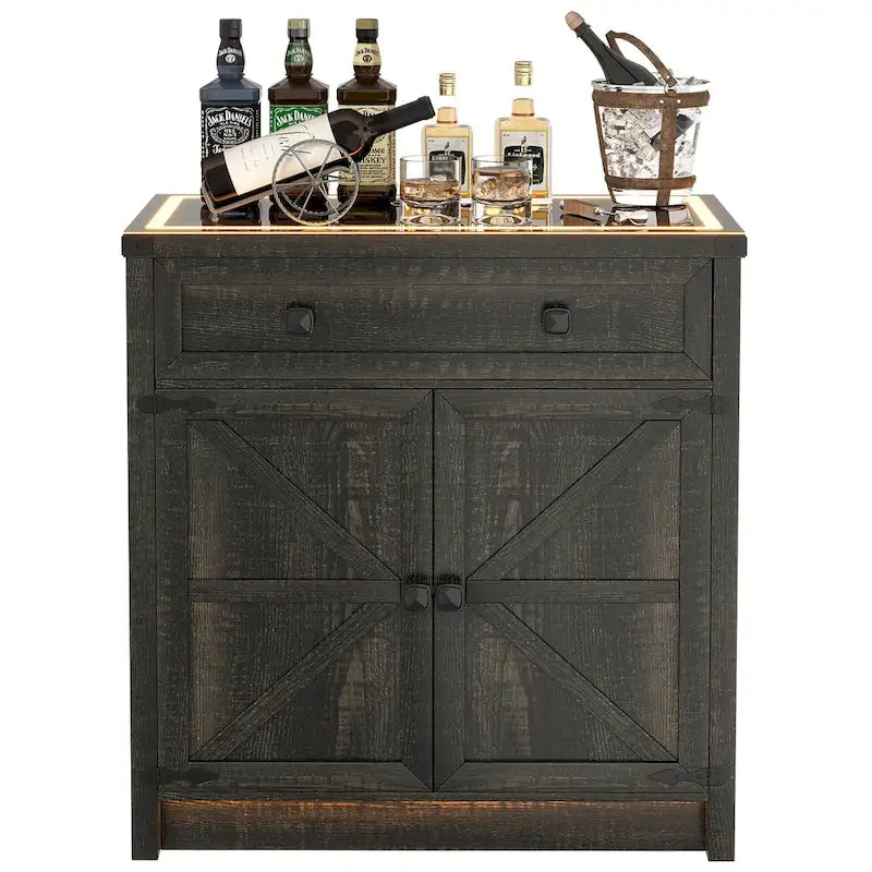 32.83"H Sideboard Storage Cabinet with LED Lights, USB Charging, Wireless Charging Station, Antique White & Rustic Brown